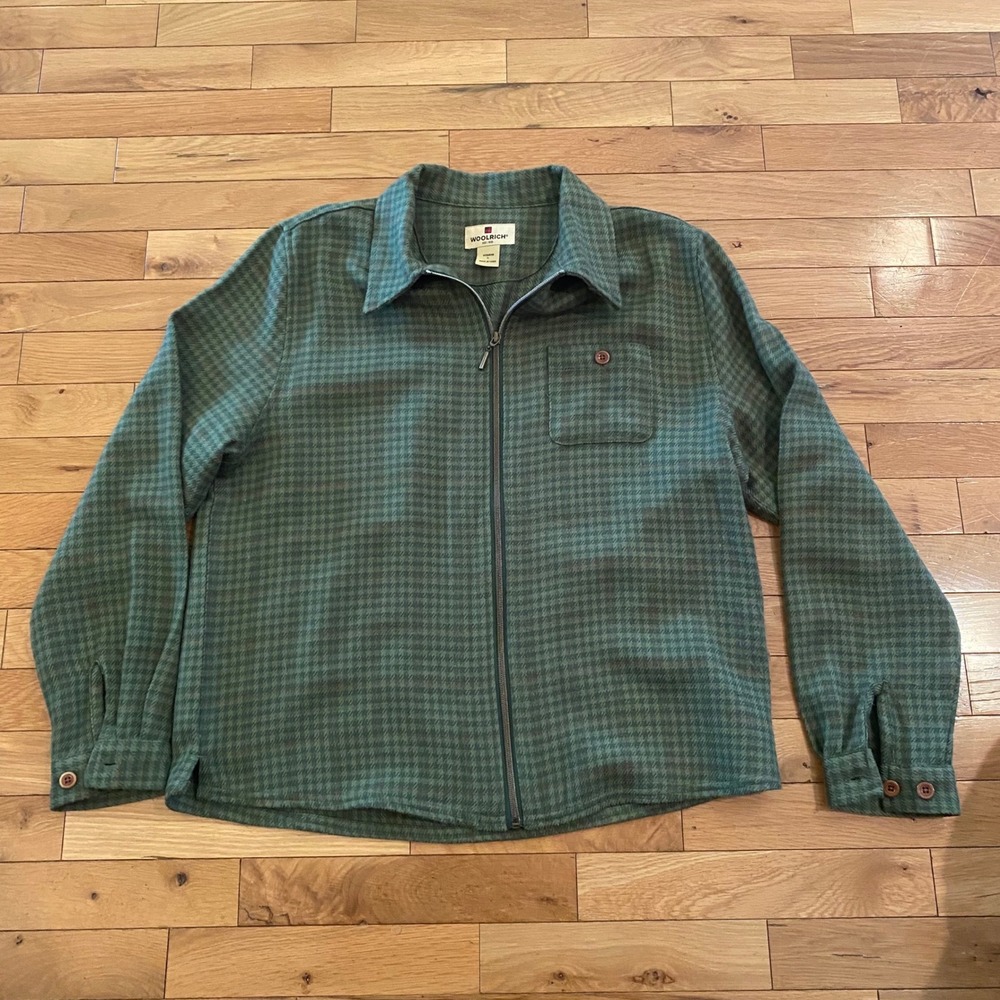 Woolrich Womens Large Houndstooth Zip Front‎ Wool Blend Shirt Jacket